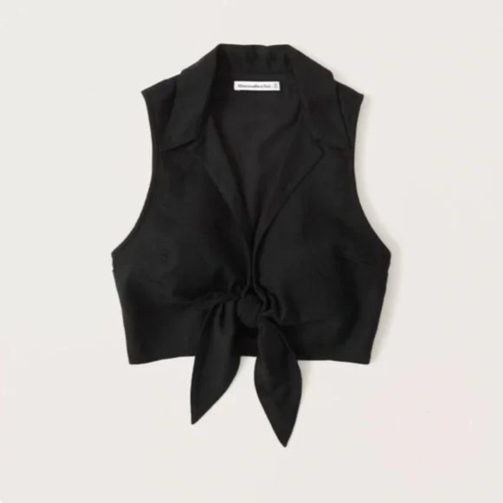Abercrombie & Fitch Black Tie-Front Linen-Blend Top Size XS